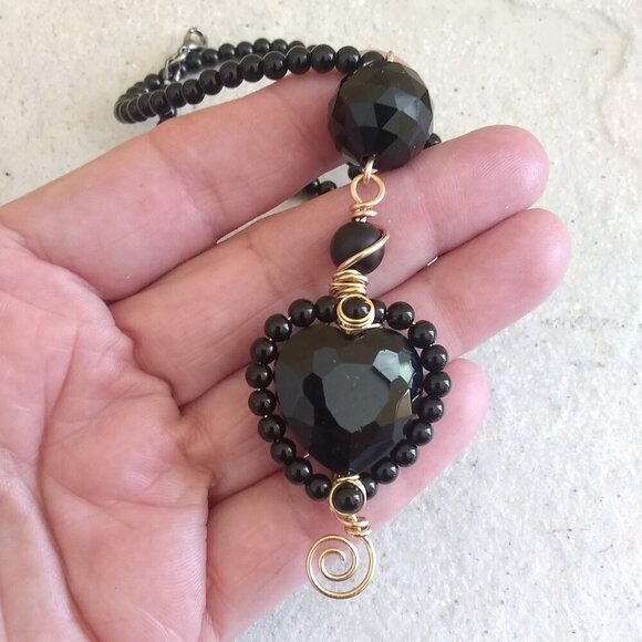 Sexy Black Heart Glam Necklace ~ Wire Wrapped & Beaded! Breaking Hearts 4 Sure! - Picture 2 of 9